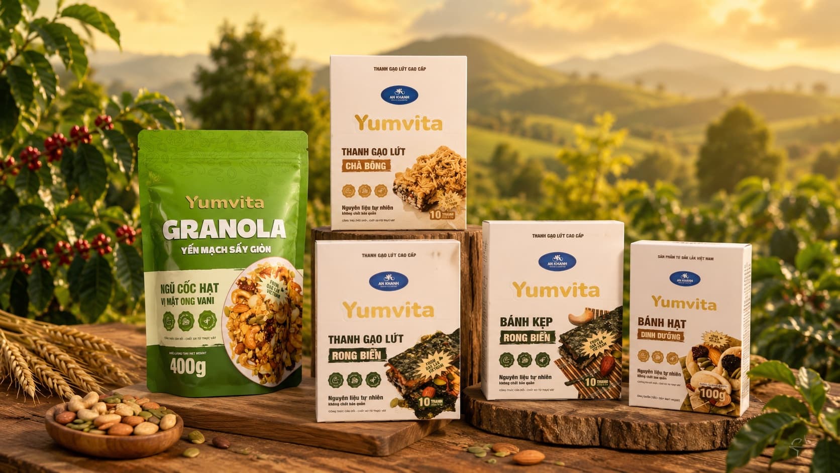 Bộ sản phẩm Yumvita 2026 — thanh gạo lứt, bánh hạt, granola, bánh kẹp rong biển